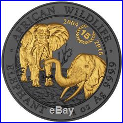 15th. Anniversary Elephant Golden Enigma 1 Oz Silver Coin 100 Sh Somalia 2018