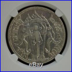 1913 THAILAND RAMA VI 1 BAHT SILVER CROWN COIN THREE HEADED ELEPHANT aUNC
