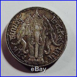 1916 Thailand, 1 Baht, Silver Coin, Elephant Heads, Rama VI, Original/High Grade