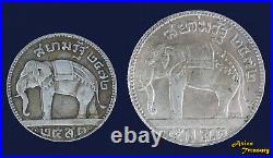 1929 Thailand Rama VII 1&2 Salung Silver Coin Y-48/49 Pair Siam Elephant Au