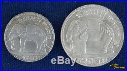 1929 Thailand Rama VII 25/50 Satang Silver Coin Y-48/49 Pair Siam Elephant Au
