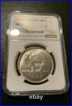 1944 Belgian African Congo 50 Francs Silver Coin Ngc Ms61 Elephant Belgium Ms 61