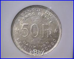 1944 Belgian Congo 50 francs coin NGC AU50 Elephant