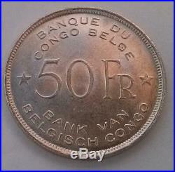 1944 Belgian Congo Elephant 50FR Coin Silver Extra Fine KM. 27