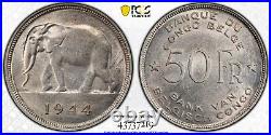 1944 Belgian Congo Elephant 50 Francs Silver Coin PCGS AU58