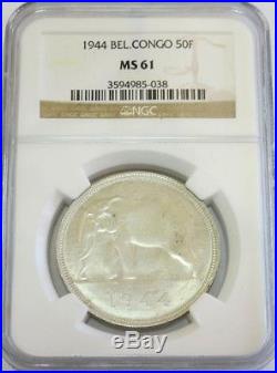 1944 Silver Belgian Congo 50 Francs African Elephant Coin Ngc Mint State 61