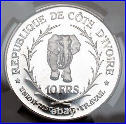 1966, Ivory Coast. Large Proof Silver 10 Francs Elephant Coin. NGC PF-66 CAM