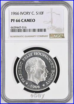 1966, Ivory Coast. Large Proof Silver 10 Francs Elephant Coin. NGC PF-66 CAM