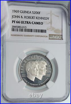 1969 GUINEA w JFK & RFK John F. Kennedy Proof Silver 200 Francs Coin NGC i85994