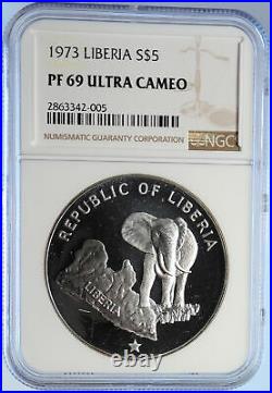 1973 LIBERIA State Map w Elephant VINTAGE OLD Proof Silver $5 Coin NGC i106530