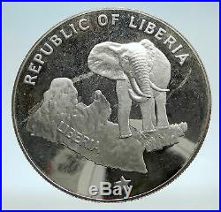 1973 LIBERIA State Map with Elephant Antique Genuine Proof Silver $5 Coin i75207