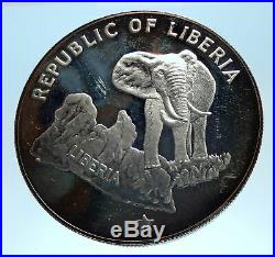 1973 LIBERIA State Map with Elephant Antique Genuine Proof Silver $5 Coin i77452