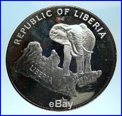 1973 LIBERIA State Map with Elephant Antique Genuine Proof Silver $5 Coin i77464