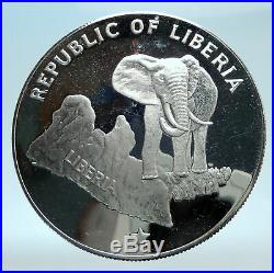 1973 LIBERIA State Map with Elephant Antique Genuine Proof Silver $5 Coin i78264