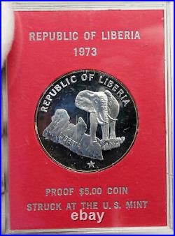 1973 LIBERIA State Map with Elephant Antique Genuine Proof Silver $5 Coin i88184