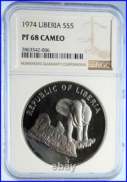 1974 LIBERIA State Map w Elephant VINTAGE OLD Proof Silver $5 Coin NGC i106531