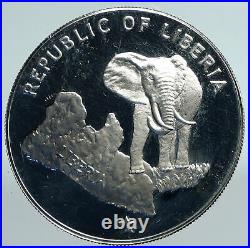 1974 LIBERIA State Map with Elephant OLD VINTAGE Proof Silver $5 Coin i89793
