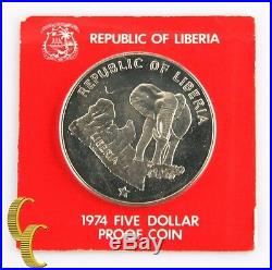 1974 Liberia $5 Dollar Coin (Proof, PF) 0.900 Silver Bull Elephant Five KM-29