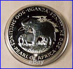 1981 Uganda 500 Shillings Silver Coin Proof, 4 Oz. 925 Silver, Elephants