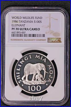 1986 Tanzania 100 Shilingi KM18a Elephant SILVER Coin NGC PF 70 UC