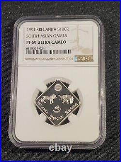 1991 Sri Lanka 100 Rupees Asian Games Elephant Lion silver coin NGC PF 69 UC