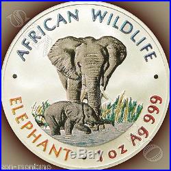 1999 ZAMBIA African Wildlife COLORIZED ELEPHANT 1oz Silver BEFORE SOMALIAN COINS