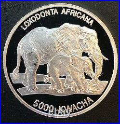 1999 Zambia 5000 Kwacha Proof. 999 Silver Coin Loxodonta Africana ELEPHANT