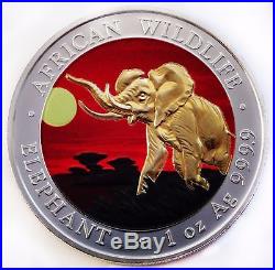 1 oz 9999 Silver Somalia Elephant 2016 Gold Gilded and Colorized Red Sunset Coin