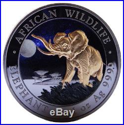 1 oz Silver Somalia Elephant 2016 Ruthenium, Gold Gilded and Colorized Night Coin