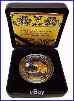 1 oz Silver Somalia Elephant 2016 Ruthenium, Gold Gilded and Colorized Night Coin