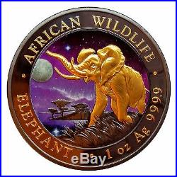 1oz Silver Somalia Elephant Ruthenium, Gold Gilded and Colorized Universe Coin