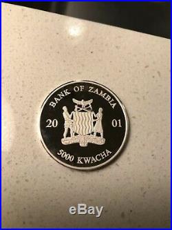 2001 5000 Kwacha Zambia African Wildlife Elephant 1 OZ 999 Silver Proof Coin