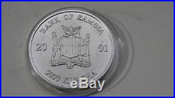 2001 Zambia 5000 Kwacha Elephant Silver MATTE Finish Coin