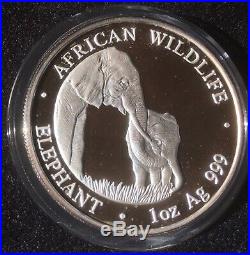 2001 Zambia/Somalia African Wildlife 1 oz Silver Elephant (Proof) in Capsule