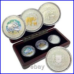 2007 1oz Fine Silver 999 Somalia AFRICAN WILDLIFE ELEPHANTS 3-coins Set Wood Box