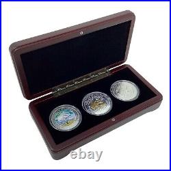 2007 1oz Fine Silver 999 Somalia AFRICAN WILDLIFE ELEPHANTS 3-coins Set Wood Box
