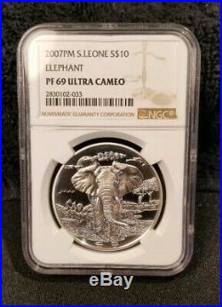 2007 African Animals ELEPHANT PROOF Sierra Leone Bank Silver Coin NGC PF-69