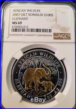 2007 Gilt Somalia Silver 100 Shillings African Wildlife Elephant Ngc Ms 69