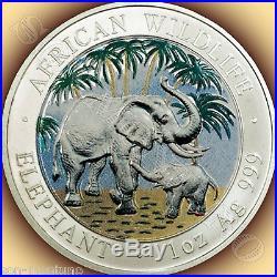 2007 SOMALIA African Wildlife COLORIZED ELEPHANT Silver Coin HARD DATE TO FIND