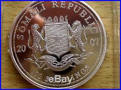 2007 SOMALIA African Wildlife ELEPHANT 1 Troy Oz. 999 Silver BU Coin in Capsule