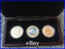 2007 Somalia Elephant 3 coin proof silver set with wooden display box and COA