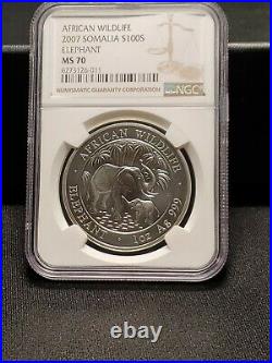 2007 Somalia Silver 100 Shillings African Wildlife Elephant Ngc Ms 70