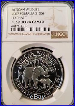 2007 Somalia Silver S100s African Wildlife Elephant Ngc Pf 69 Ultra Cameo
