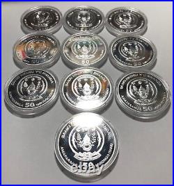 2008-2018 COMPLETE PROOF SET 11 Rwanda Wildlife1oz Silver 999 Coins RARE