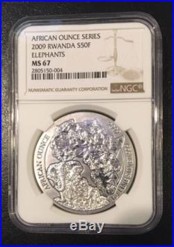 2009 1 oz Silver Rwanda African Elephant BU NGC MS67.999 Silver Rwandan coin