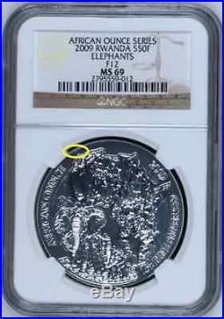 2009 1 oz Silver Rwanda African Elephant NGC MS69.999 Silver Rwandan coin
