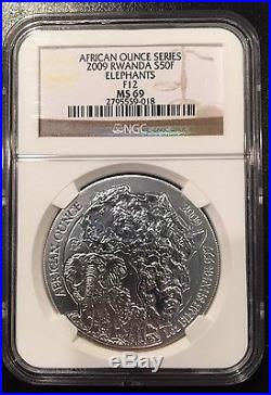 2009 Rwanda African Elephant F12 NGC MS69.999 Silver 1 oz Coin Highest Graded