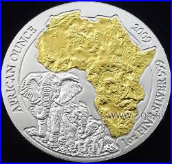 2009 Rwanda Elephant 50 Francs 1 Oz. 999 Silver Gilded Map of Africa Very Rare