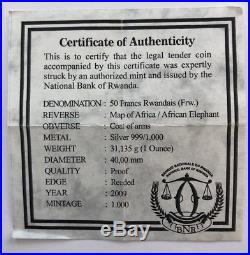 2009 Rwanda Elephant PROOF. 999 Silver Coin + COA 2nd Year with OGP box Rare Coin