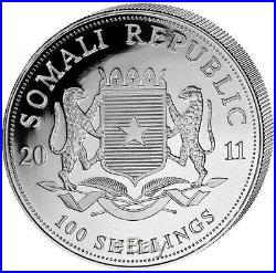 2011 Somalia Elephant 100 Shillings Solid Fine. 999 Silver 1oz Coin